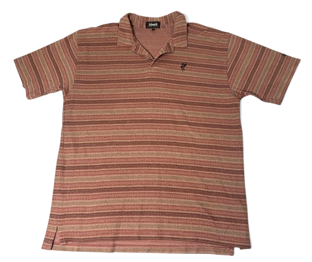 Ashworth Polo Shirt Mens XL Brown Striped Golf Short Sleeve USA